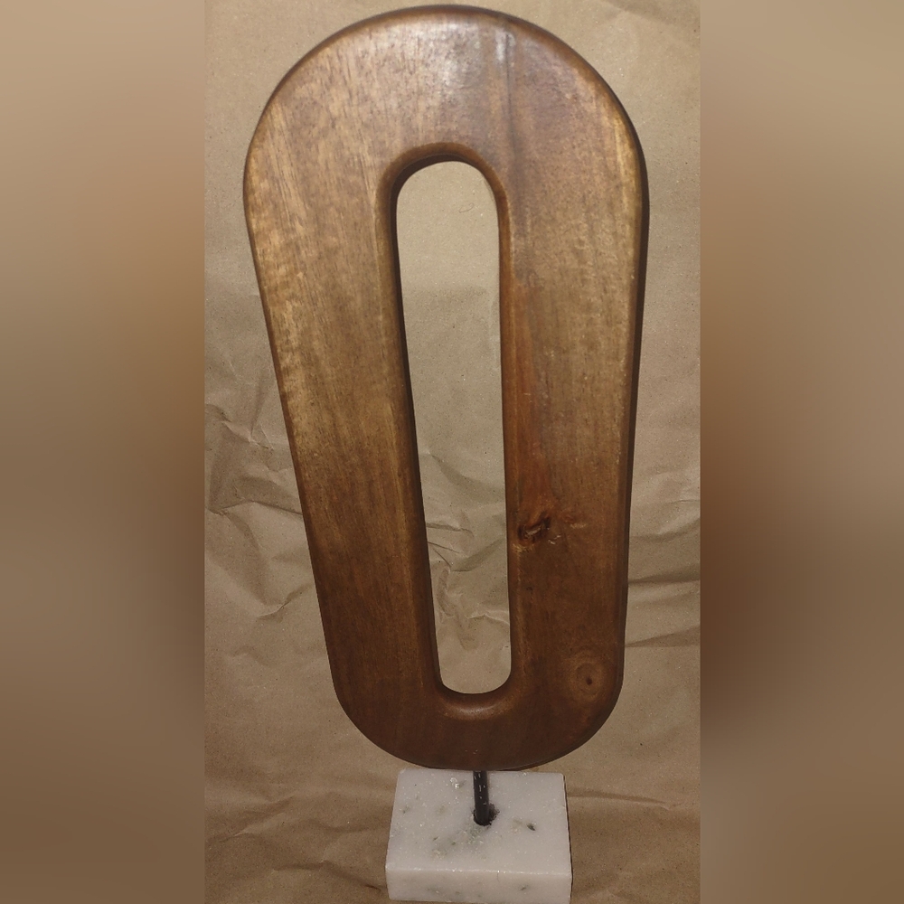 Elongated "0"  Wood MCM Tabletop Decor with Stone Marble White Base